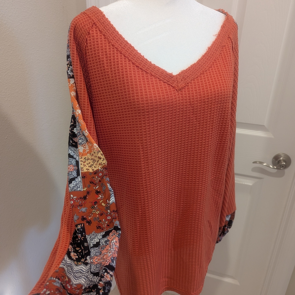 Orange V-Neck Waffle Knit Top with Patterned Sleeves